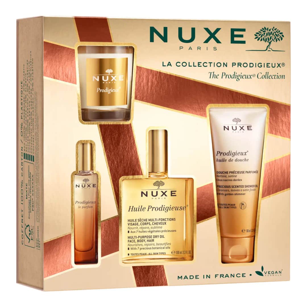 Nuxe Prodigieux Cofre La Collection Aceite Seco 100ml + Perfume 15ml + Aceite de Ducha 100ml + Vela 70g