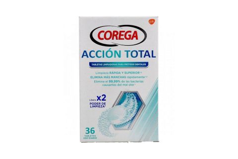 Corega Acción Total Limpiador Limpieza Prótesis Dental 36 Tabletas